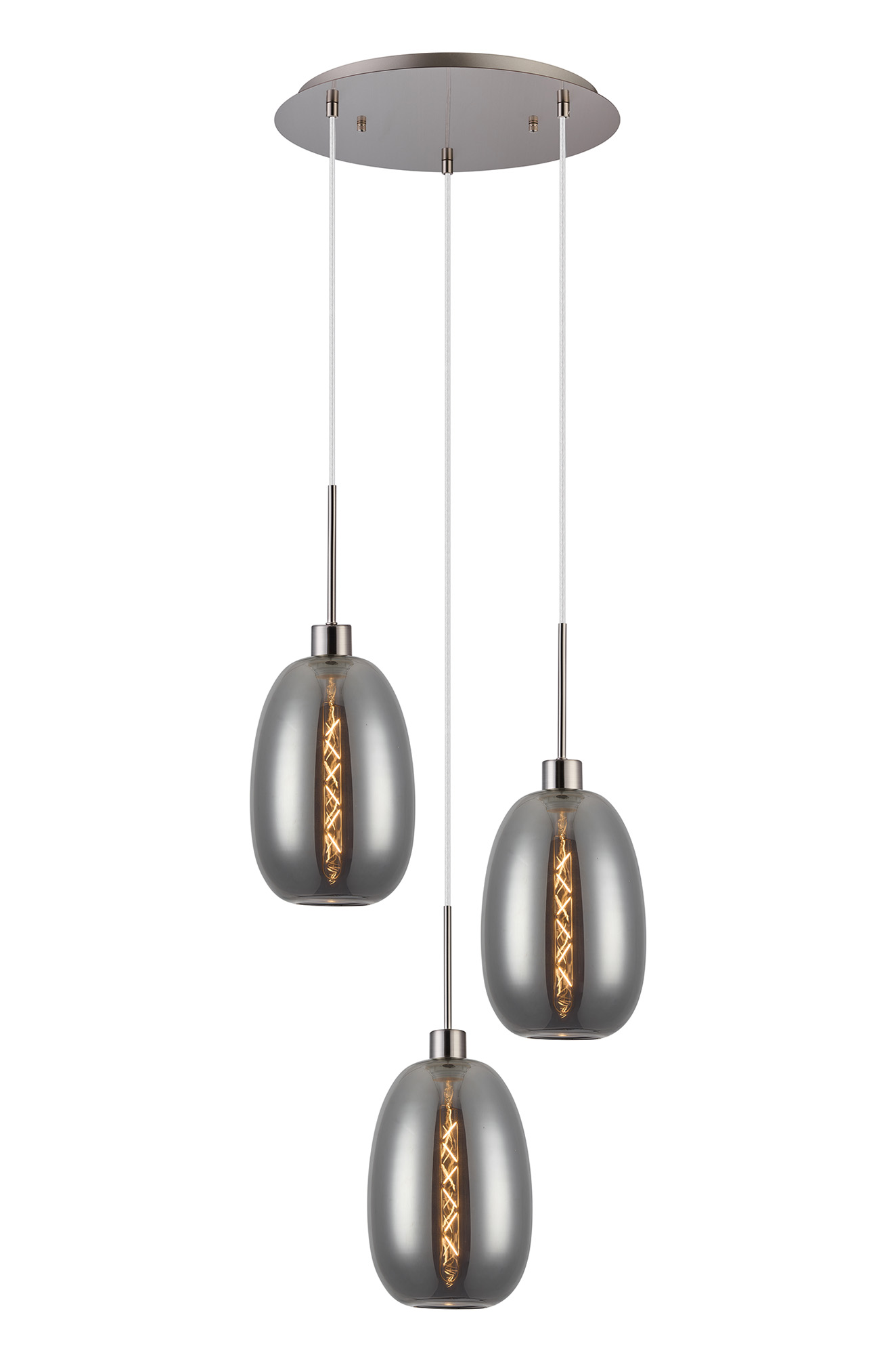 DK1363  Lori 40cm Round Pendant, 3 Light Adjustable E27, Satin Nickel/Smoke Slim Curved Trapezium Shades